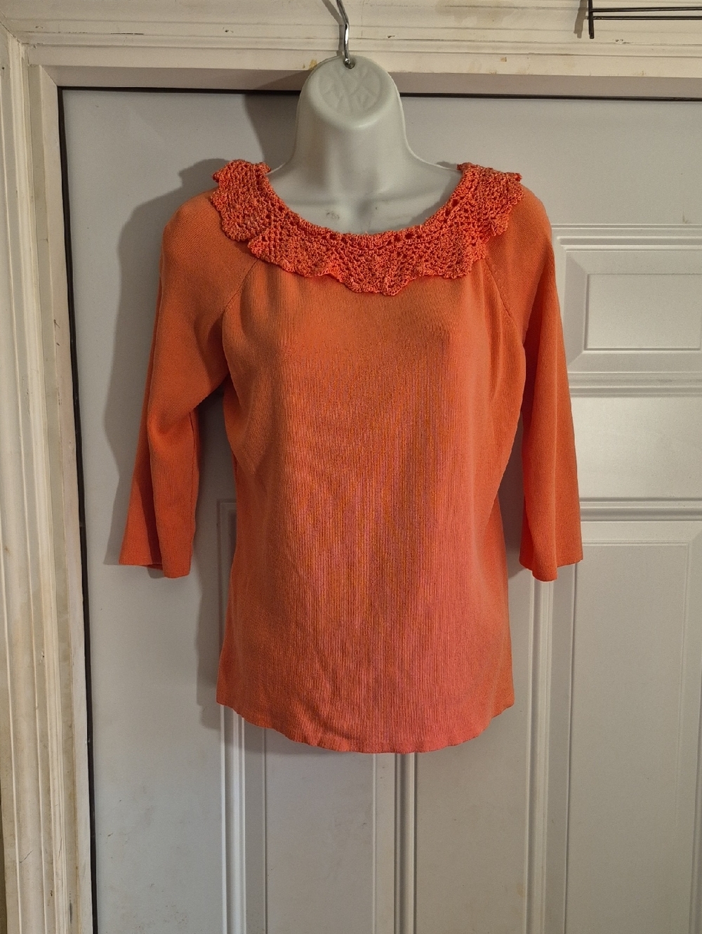 Women's Orange Crochet-Neck 3/4 Sleeve Top